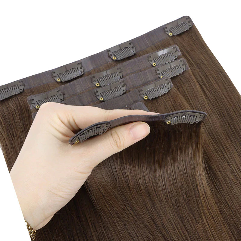 #4 Choco Brown Straight - Naadloze Clip In Extensions - 5 banen